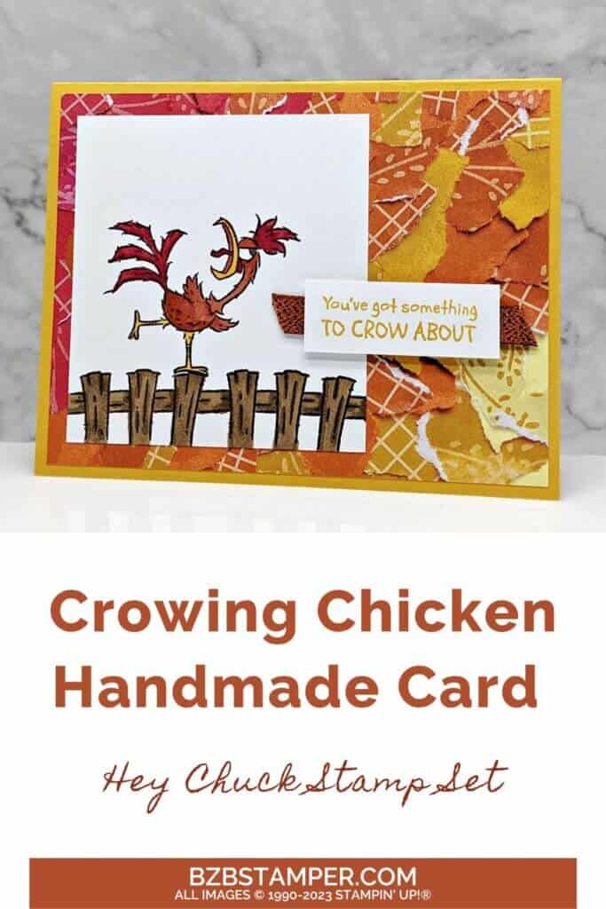 Adorable Roosters in the Hey Chuck Stamp Set in organizes, purples and burgundy. Whimsical Chicken is crowing,
