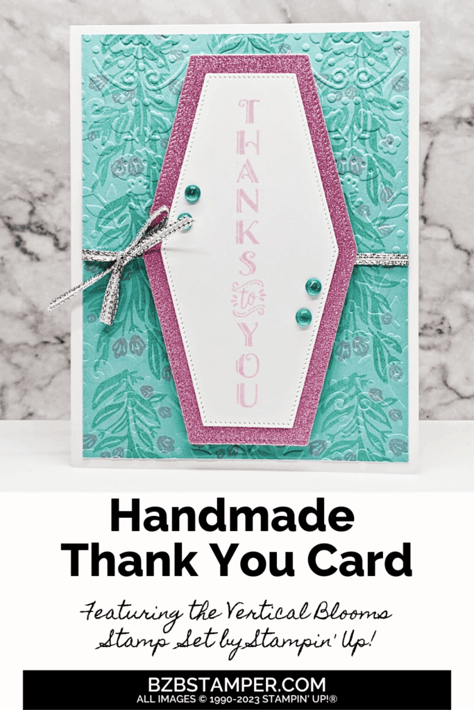 Vertical Blooms Thank You Card Tutorial 1 Stampin Up! Vertical Blooms Thank You Card in blues and pinks with flowers and die-cuts.