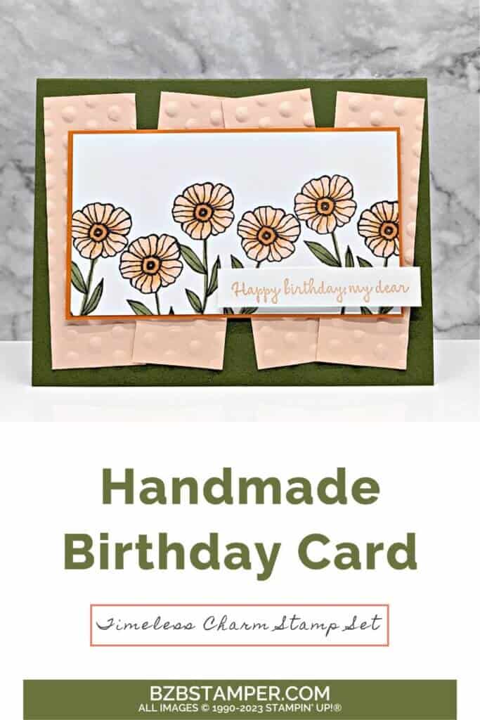 Timeless Charm Stamp Set 1 Timeless Charm Stamp Set in pinks and greens, with a Happy Birthday sentiment
