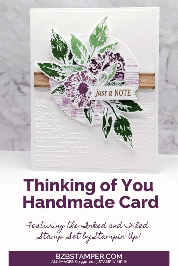 Inked and Tiled Stamp Set Tutorial 1 Inked and Tiled Stamp Set Tutorial in purples and greens with brown ribbon and "just a note" sentiment.