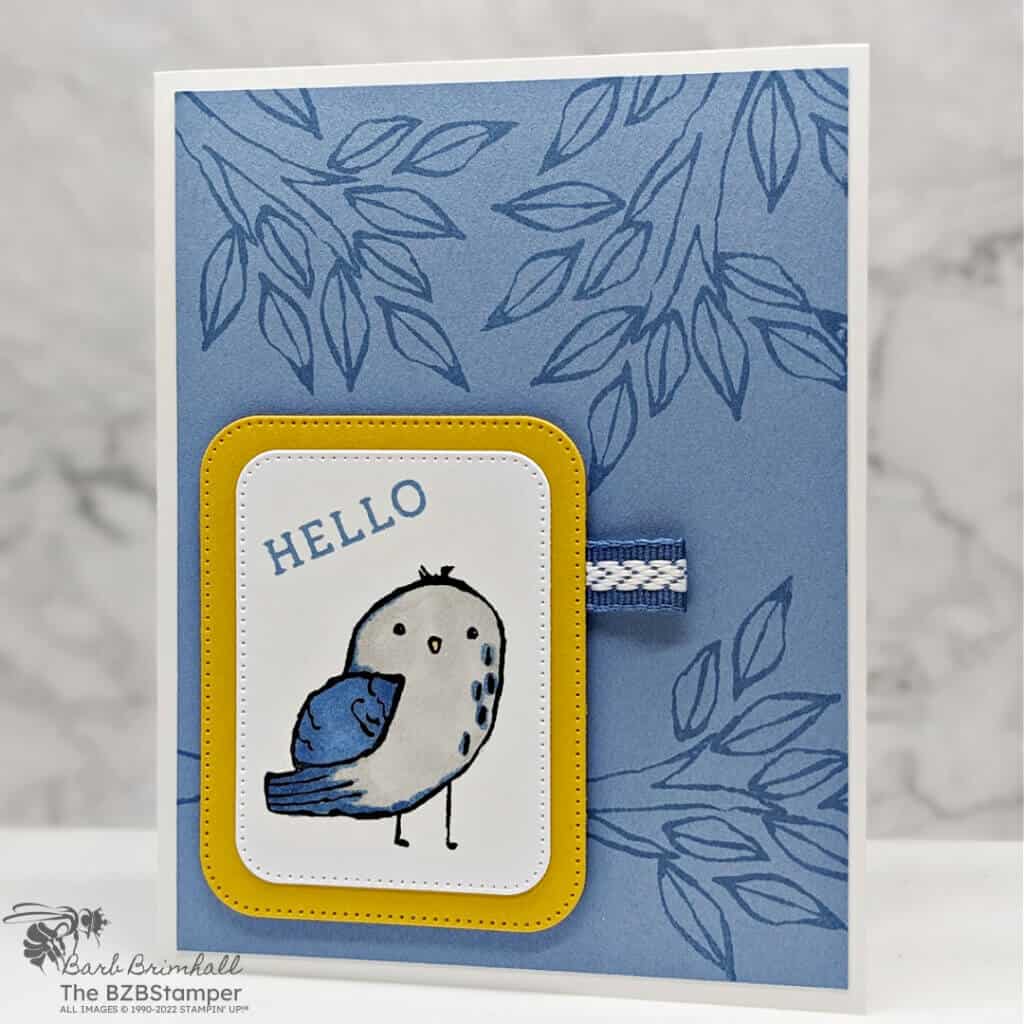 Craft Beautiful Hello Cards with Birds Eye View Stamp Set 1 Hello Cards with Birds Eye View Stamp Set in blues and yellows and a small bird saying hello.
