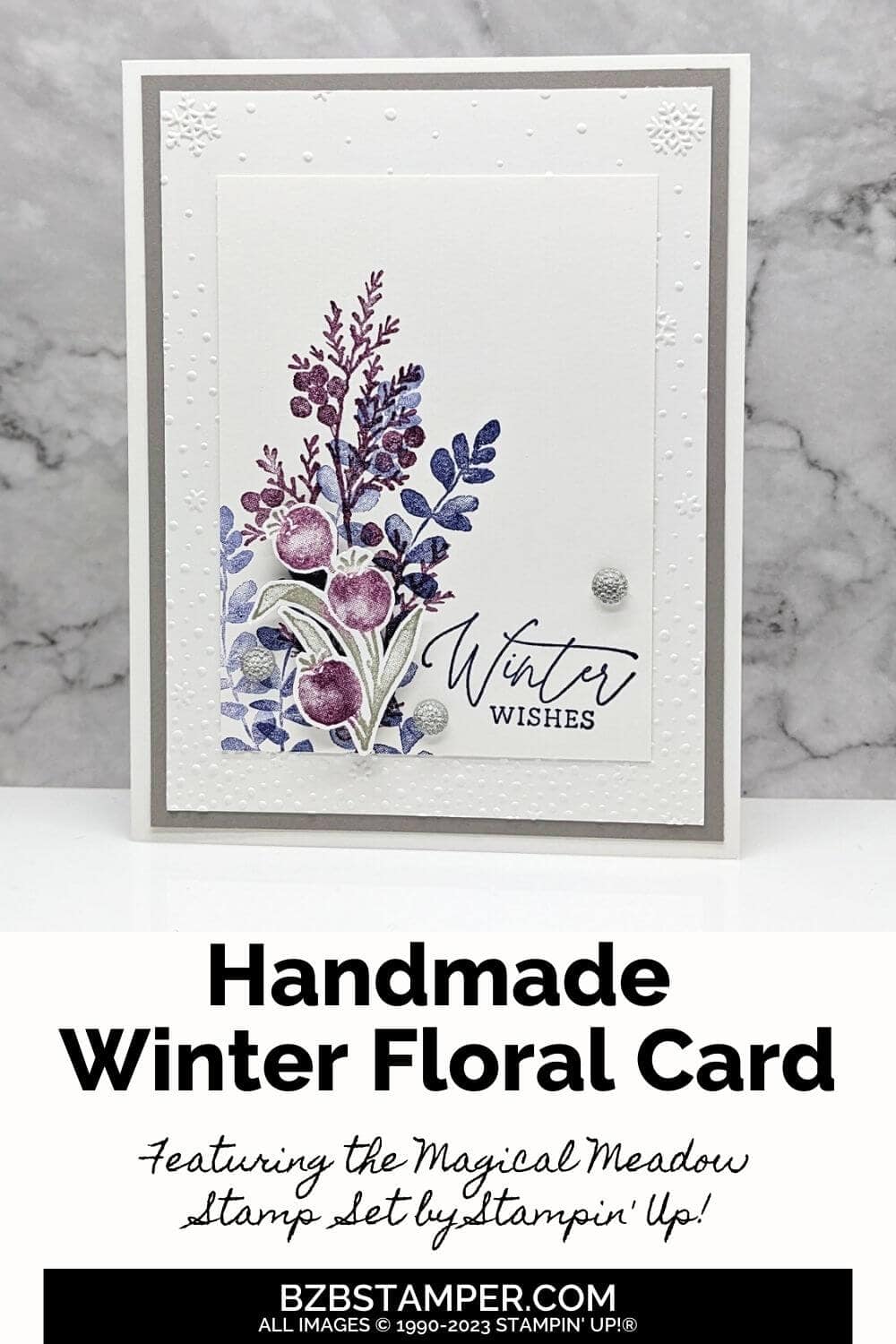 Magical Meadow Stamp Set by Stampin' Up! 6 Magical Meadow Stamp Set by Stampin' Up! featuring various foliage in navy blue, purples and gray. SEntiment is Winter Wishes and has an embossed snowflake background.