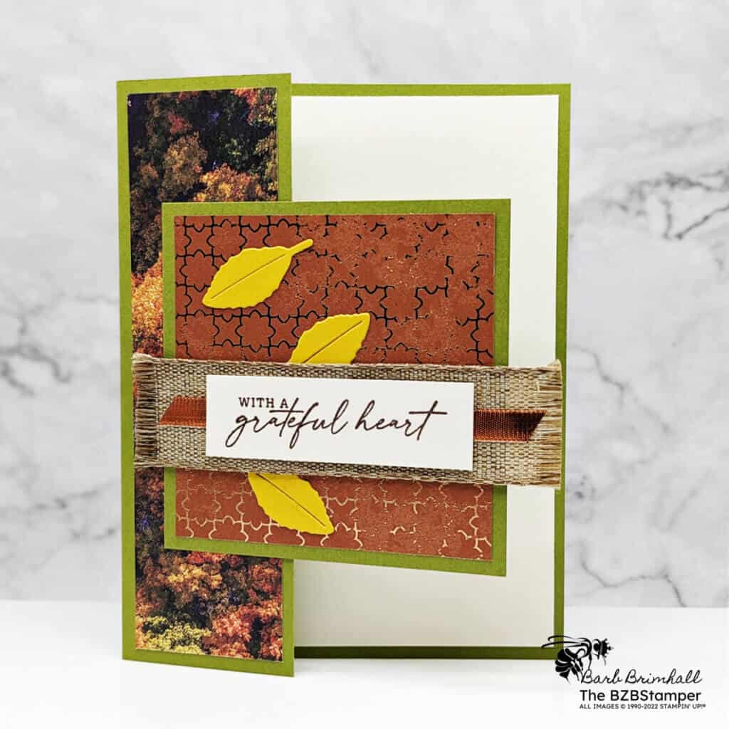 Thank You Card using the Autumn Leaves Bundle 1 Thank You Card using the Autumn Leaves Bundle in copper, gold, yellow and greens. Sentiment is "with a grateful heart."