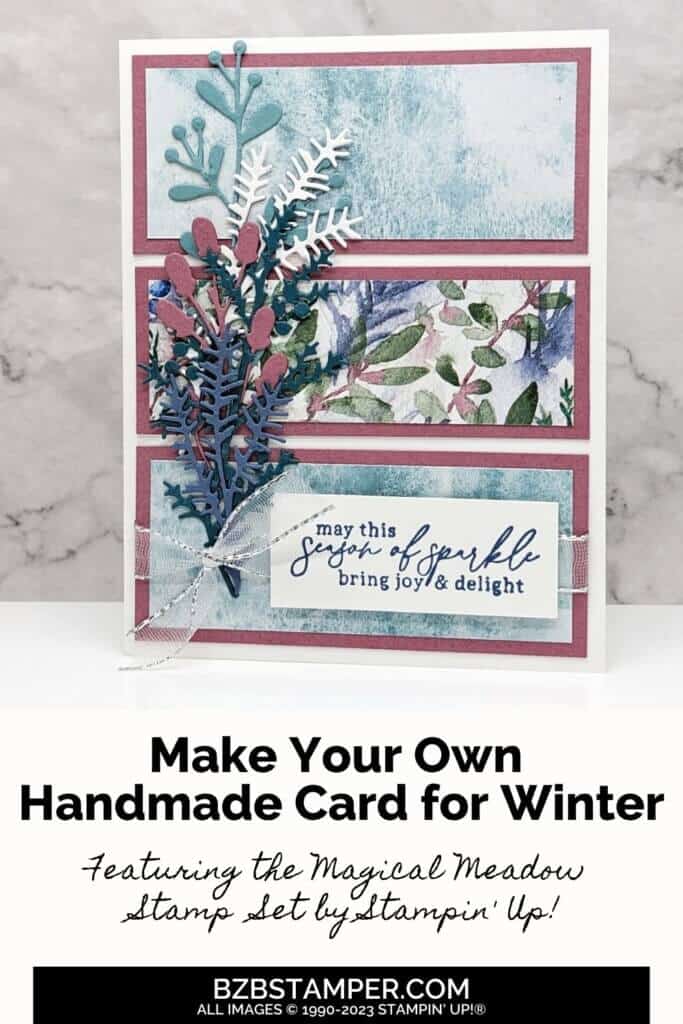 Beautiful Magical Meadow Bundle with pretty paper and some die-cuts from the bundle in various blues and purples. Sentiment is "may this season of sparkle bring joy & delight"