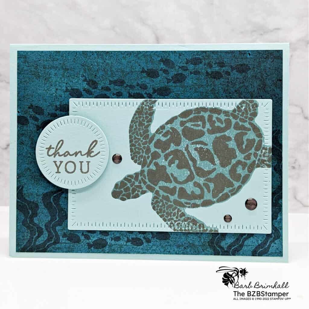 Reversible Stamps by Stampin' Up! 1 Reversible Stamps by Stampin' Up! featuring the Sea Turtle Stamp Set. This is a thank you card, in blues and browns, featuring a large turtle.