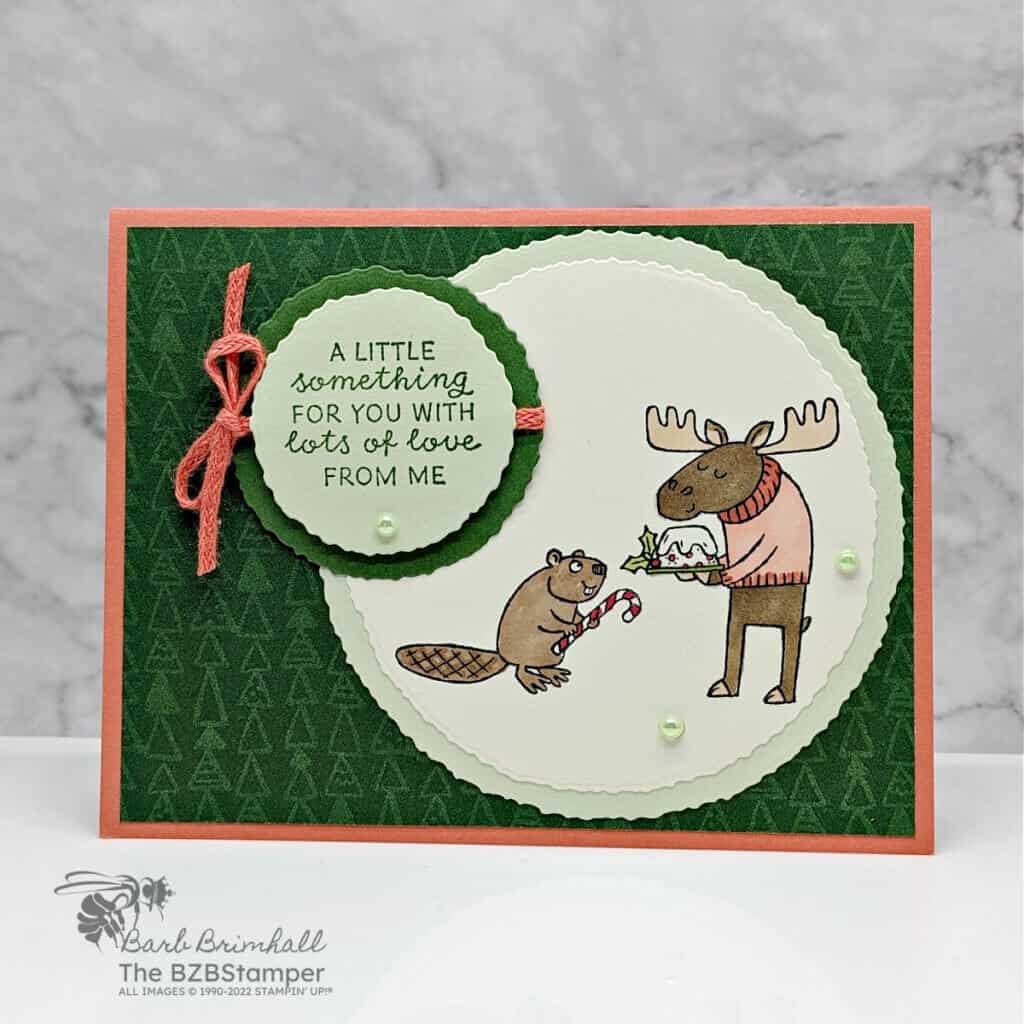 Festive and Fun Stamp Set by Stampin Up 1 Festive and Fun Stamp Set by Stampin Up featuring a moose and a beaver exchanging gifts. Sentiment is "a little something for you with lots of love from me"