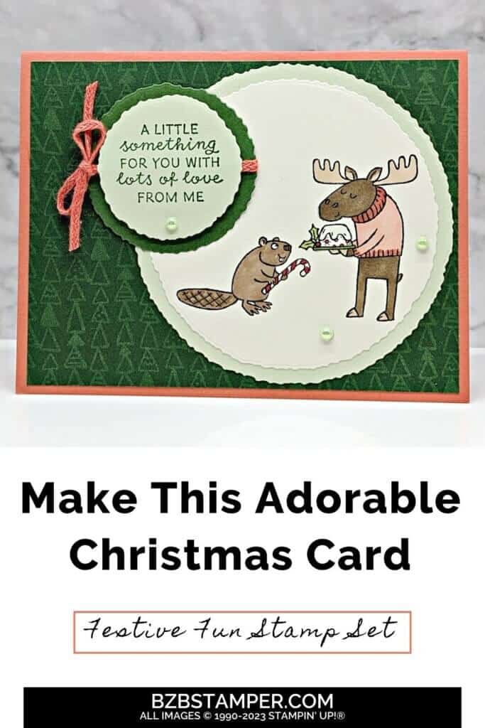 Festive and Fun Stamp Set by Stampin Up 6 Festive and Fun Stamp Set by Stampin Up featuring an otter and a moose giving each other gifts. Sentiment is "a little something for you with lots of love from me."