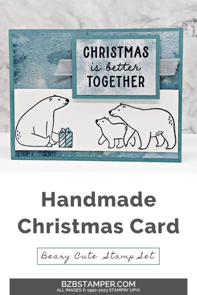 Beary Cute Bundle by Stampin Up 5 Beary Cute Bundle by Stampin Up featuring 3 polar bears with a present, some pretty paper in blues, and a sentiment of "Christmas Is Better Together.