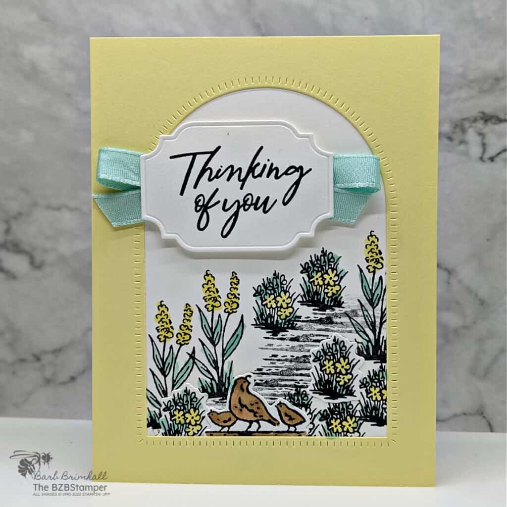 Thinking of You Card With the Magical Meadow Bundle featuring a path, flowers, and quail in yellow and light blue.
