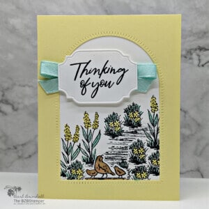 Thinking of You Card With the Garden Meadow Bundle 17 Thinking of You Card With the Magical Meadow Bundle featuring a path, flowers, and quail in yellow and light blue.
