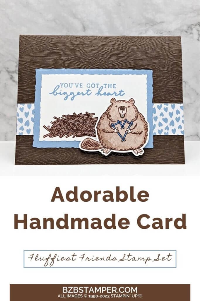 Fluffiest Friends Bundle by Stampin Up! 5 Fluffiest Friends Bundle by Stampin' Up! featuring beaver in blues and browns. Greeting is "you've got the biggest heart"