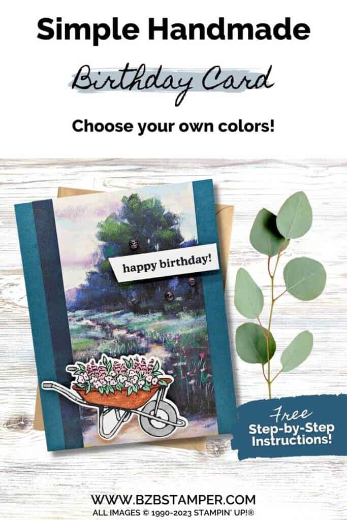 Garden Meadow Handmade Birthday Card 7 Handmade Birthday Card featuring the Garden Meadows Bundle in blues and greens with a wheelbarrow with flowers.