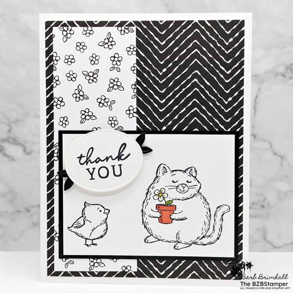 Purr-fect Handmade Card: Fluffiest Friends Stamp Set 1 Black & White thank you card with the Fluffiest Friends Stamp Set by Stampin' Up! Features black & white paper, with a kitty and bird, with a pop of color in the flower post with a single flower.