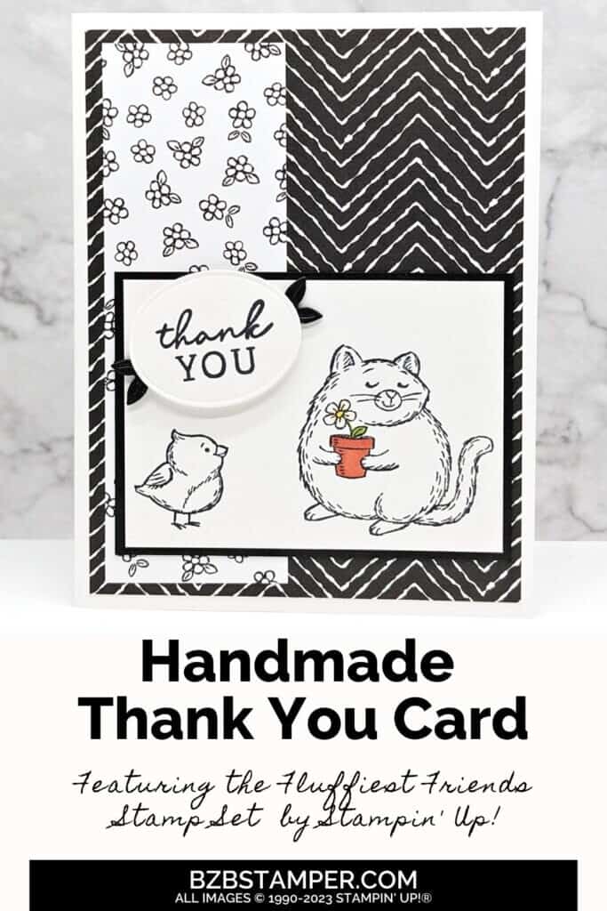 Purr-fect Handmade Card: Fluffiest Friends Stamp Set 5 Black & White thank you card with the Fluffiest Friends Stamp Set by Stampin' Up! Features black & white paper, with a kitty and bird, with a pop of color in the flower post with a single flower.