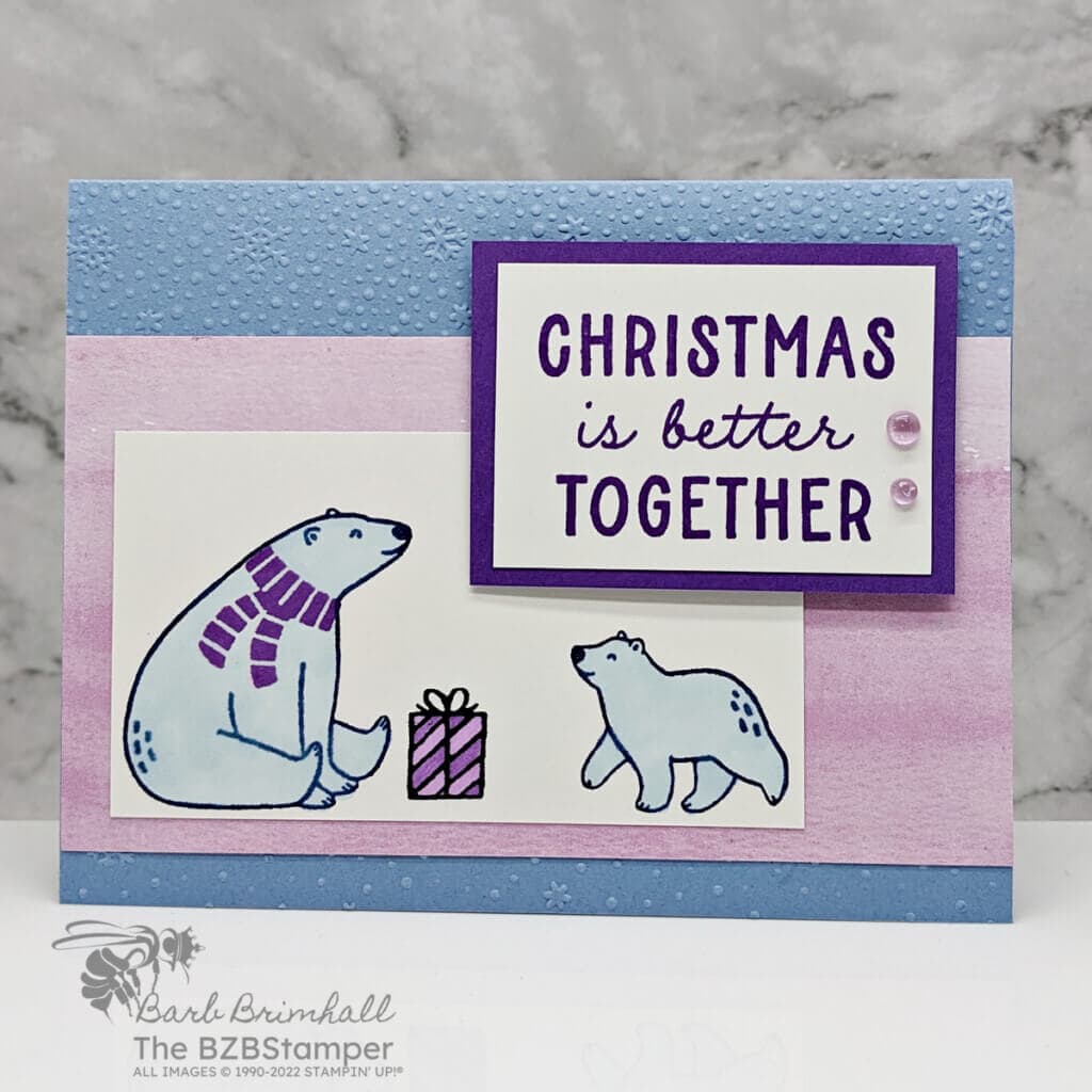 Beary Cute Christmas Card 1 Beary Cute Christmas Card featuring a Christmas is better together in blues and purples. Has 2 polar bears and a present.