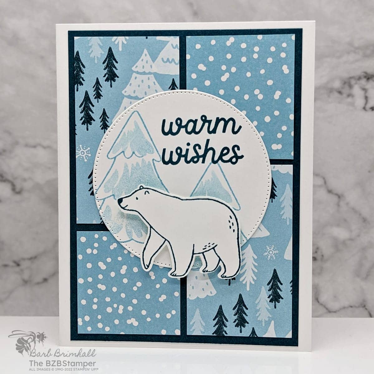 Warm Wishes with the Beary Cute Stamp Set 1 Warm Wishes with the Beary Cute Stamp Set is a Winter Card with 4 squares of pretty paper featuring a "warm wishes" sentiment with a polar bear image.