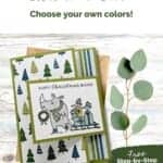Christmas card in greens and blues featuring a rhino pulling a sled with birds and presents and sentiment "Happy Christmas Wishes."