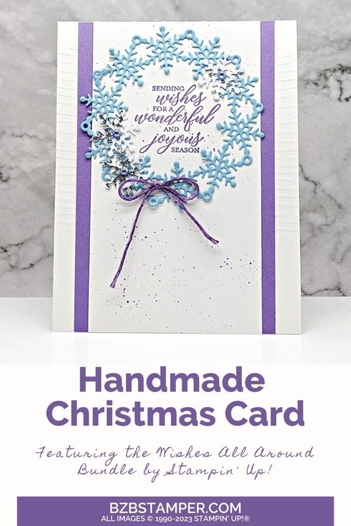 Wishes All Around Wreath Card 5 Wishes All Around Wreath card for Christmas in blues and purples featuring a wreath of snowflakes and a sentiment "sending wishes for a wondering and joyous season."