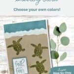Handmade card in blue, green and crumb cake featuring 3 turtles and a "faith over fear" sentiment.