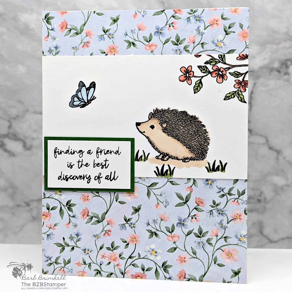 Happy Hedgehogs Handmade Card 1 Happy Hedgehogs Handmade Card with blue and pink floral paper and hedgehog looking at a butterfly.