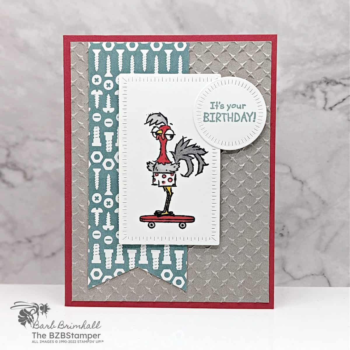 Handmade Birthday Cards for Men featuring a rooster on a skateboard with pretty paper featuring screws.