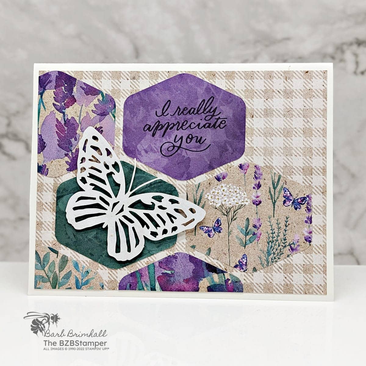 Handmade Butterfly Card using Perennial Lavender Paper by Stampin' Up!  In purples, browns and greens, this card features the beautiful paper, along with a punch and a laser-cut butterfly.  Sentiment is "I really appreciate you."
