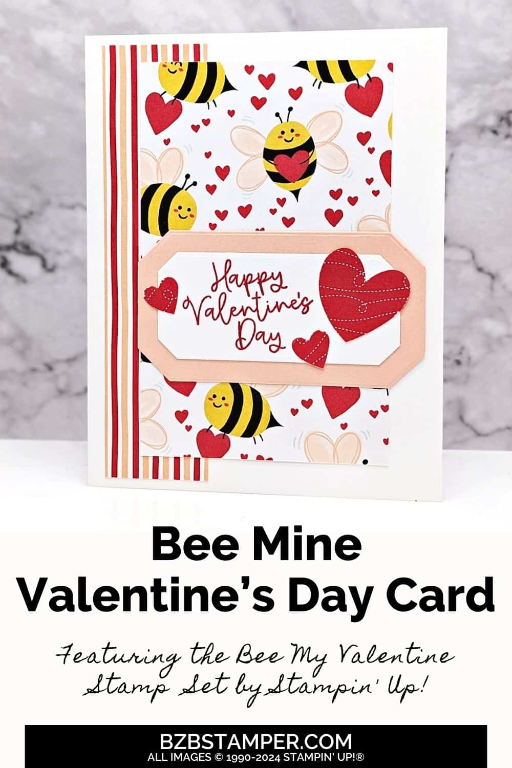 Handmade Valentine's Day Card using the Bee My Valentine Stamp Set by Stampin Up! Features pretty bee paper, red hearts, and with bee images and a Happy Valentine's Day sentiment in red ink.
