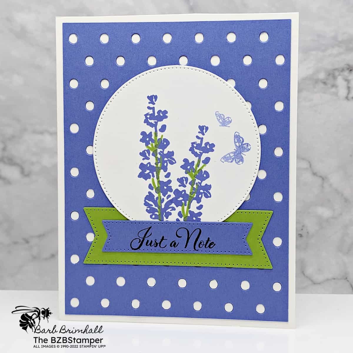 The Beautiful Painted Lavender Stamp Set 1 Painted Lavender Stamp Set by Stampin' Up! in purples and greens with Lavender and a butterfly image and a "just a note" sentiment.