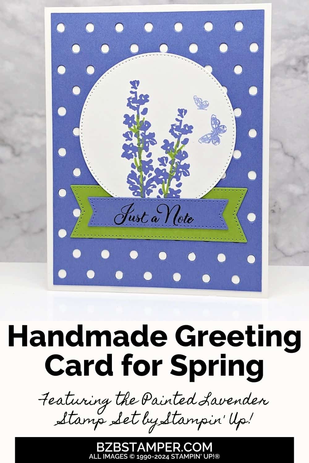 The Beautiful Painted Lavender Stamp Set 6 Painted Lavender Stamp Set by Stampin' Up! in purples and greens with Lavender and a butterfly image and a "just a note" sentiment.