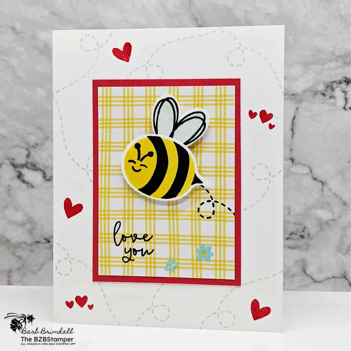 Bee My Valentine Bundle by Stampin Up 1 Bee My Valentine Bundle by Stampin Up featuring a bee that says "I love you" in red, blue and yellow with red hearts.
