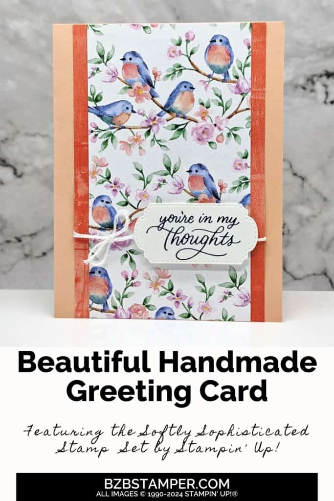 Flight and Airy Designer Paper by Stampin Up 6 Flight and Airy Designer Paper by Stampin Up featuring pretty birds in hues of orange and coral and a "you're in my thoughts" sentiment in black ink.