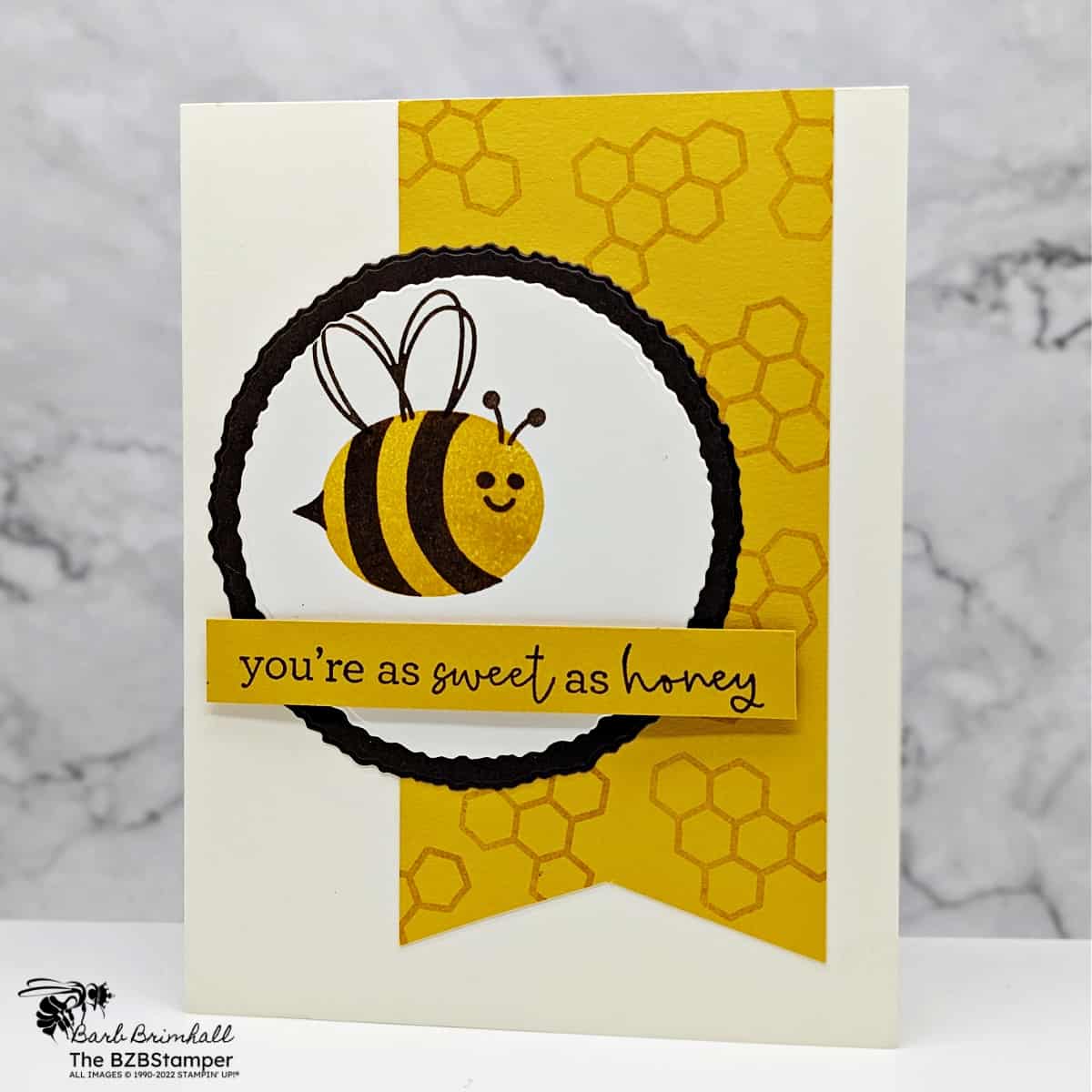 Craft a Bee-autiful Thinking of You Card 1 Craft a Bee-autiful Thinking of You Card using yellow and black, features a bee with honeycomb images and a sentiment "you're as weet as honey."