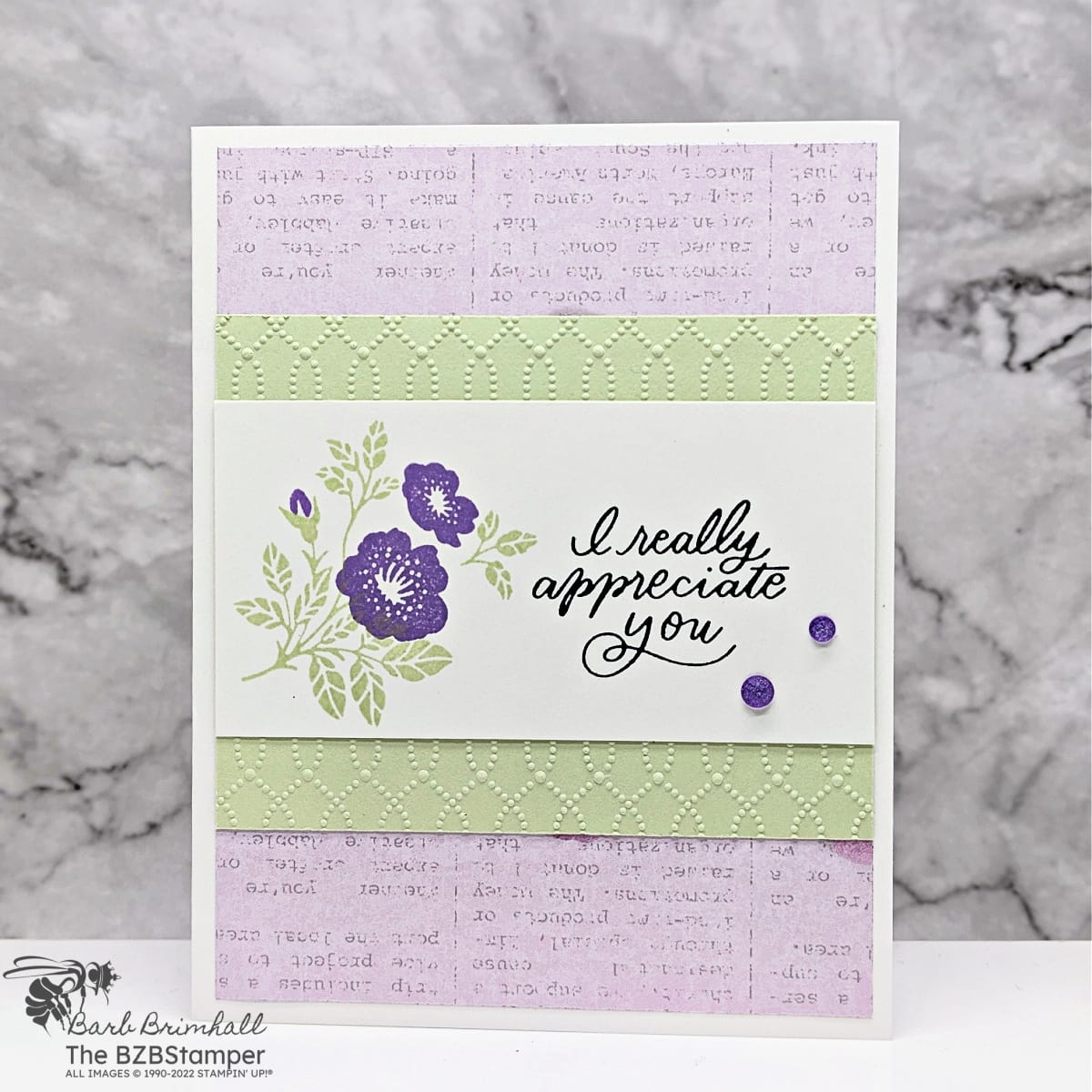 Softly Sophisticated Sale-A-Bration Bundle Tutorial 1 Softly Sophisticated Sale-A-Bration Bundle Tutorial. This floral card is in purple and greens, with an "I really appreciate you" sentiment.