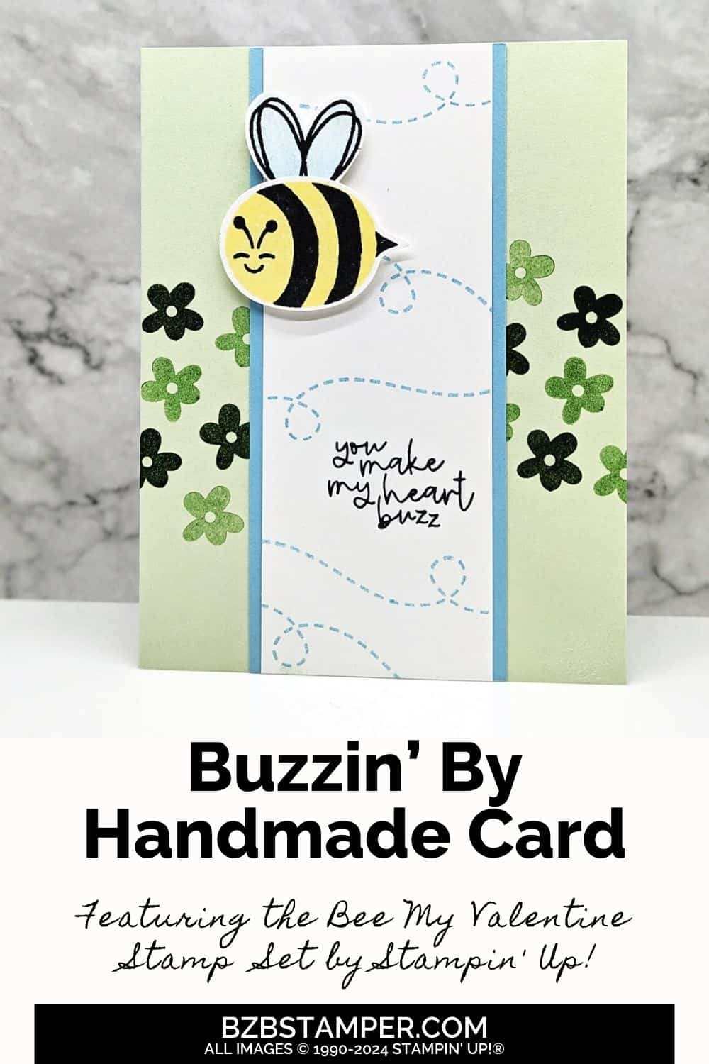 Bee Builder Punch by Stampin Up 6 Bee Builder Punch by Stampin Up featuring spring card in greens and blues, with a Bee, flowers and bee trails, and a sentiment "you make my heart buzz."