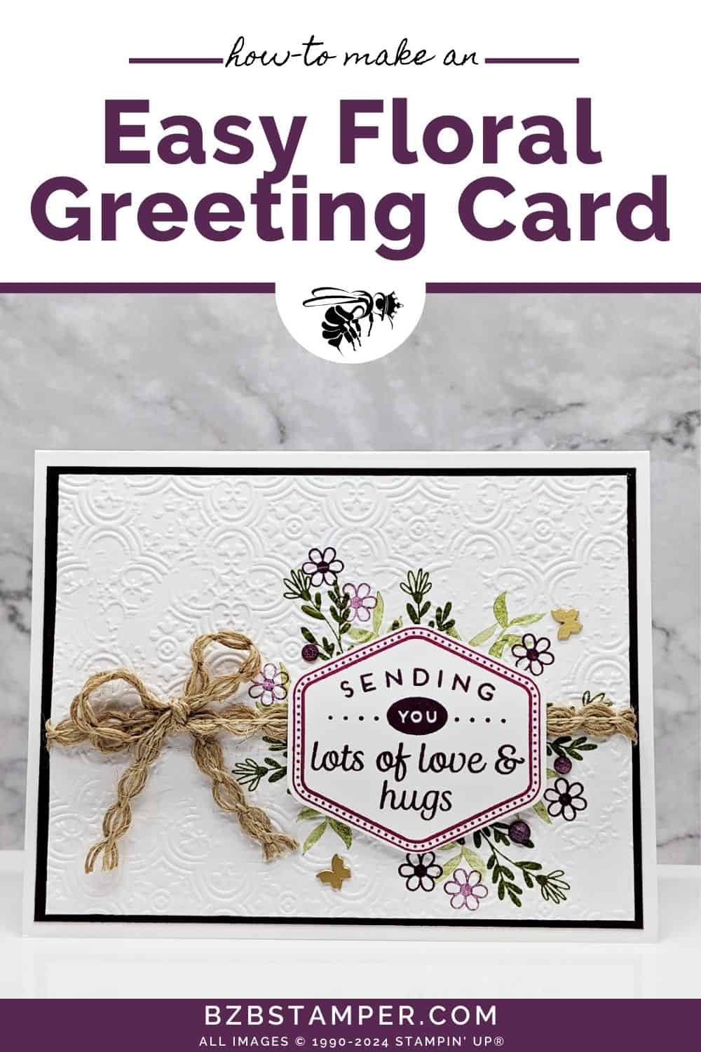 Handmade Thinking Of You Card Tutorial 5 Handmade Thinking Of You Card Tutorial featuring purple flowers and green foliage, with an embossed background. Sentiment is "sending you lots of love & hugs."