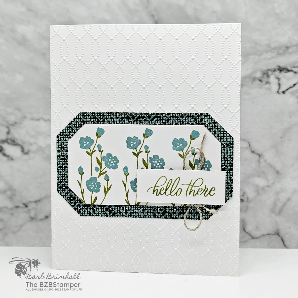 Two-Step Stamping with Softly Sophisticated Bundle 1 Two-Step Stamping with the Softly Sophisticated Bundle in blues and greens with an embossed background, flowers and a "hello there" sentiment.