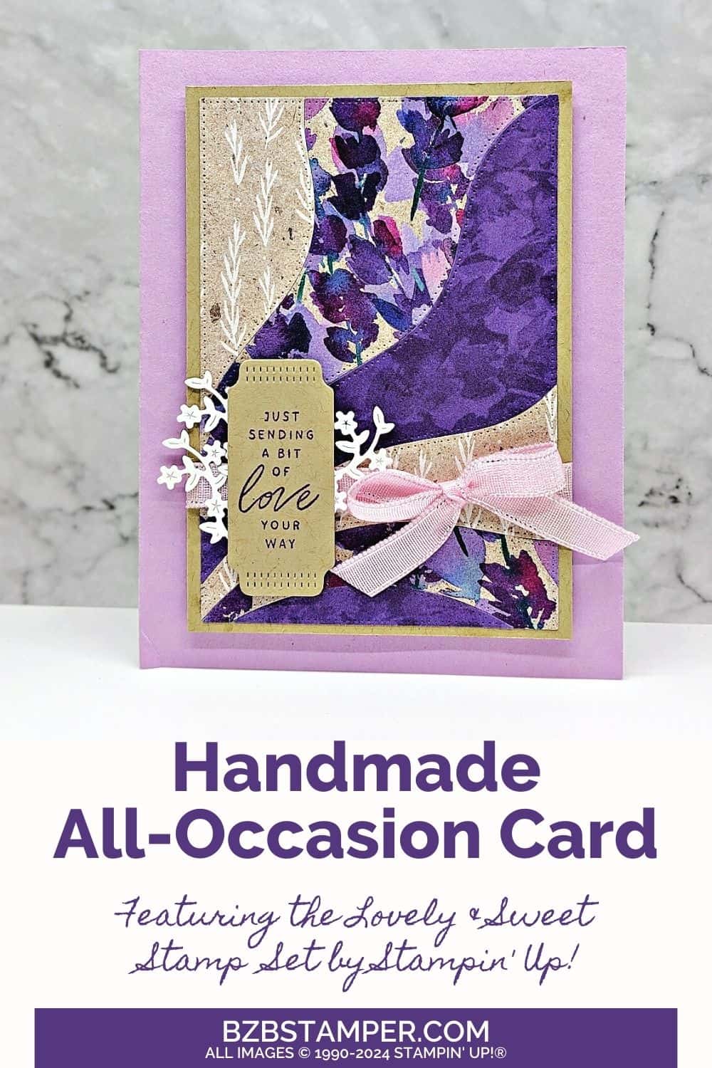 Thinking of You Card using Lovely and Sweet Bundle 6 Thinking of You Card using Lovely and Sweet Bundle in a variety of purples and kraft colors. Sentiment is "just sending a bit of love your way" making it a great all-occasion card.
