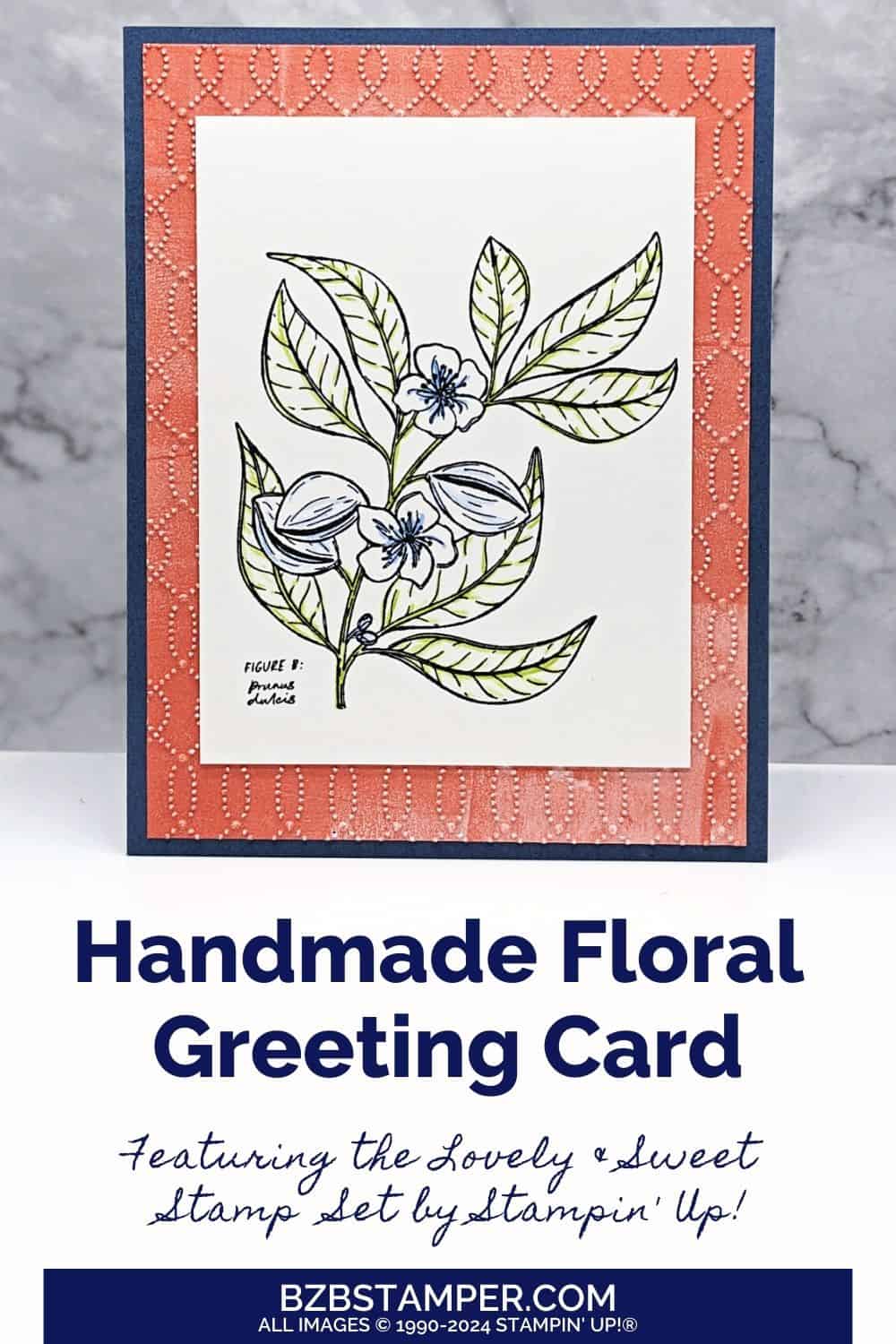 Lovely and Sweet Stamp Set 6 Lovely and Sweet Stamp Set
Features a floral image in blues and greens using coral and navy paper. There is no sentiment on this card.