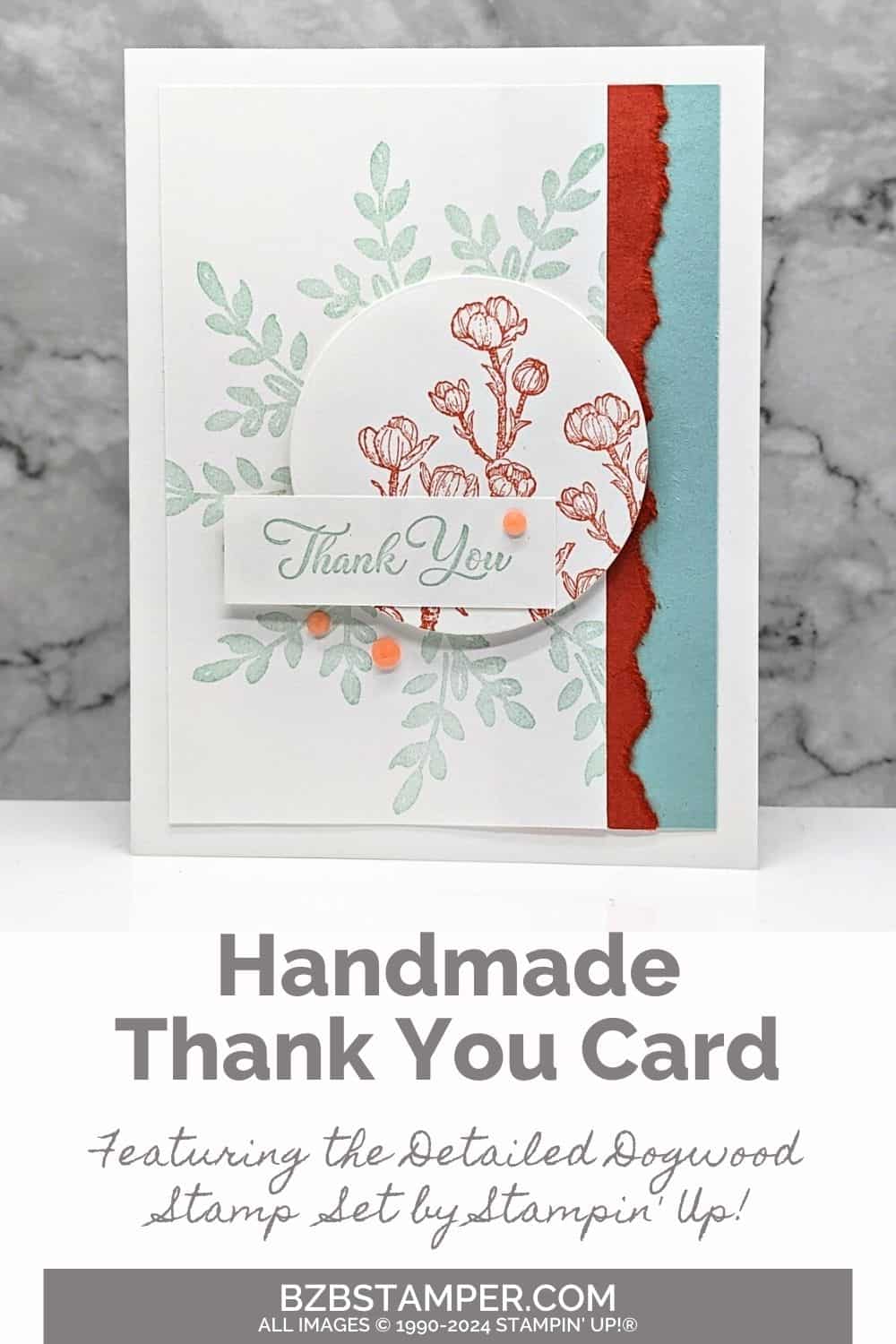 Grateful Blooms: Detailed Dogwood Thank You Card 5 Detailed Dogwood Thank You Card in blues and oranges, featuring leaves and a circle stamped with a dogwood branch.