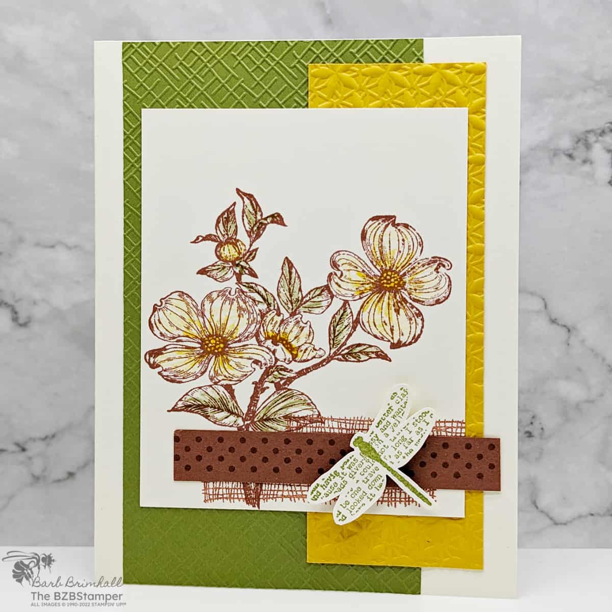 Detailed Dogwood Handmade Card 1 Detailed Dogwood Handmade Card
In green, yellow and brown with a dragonfly image, no sentiment