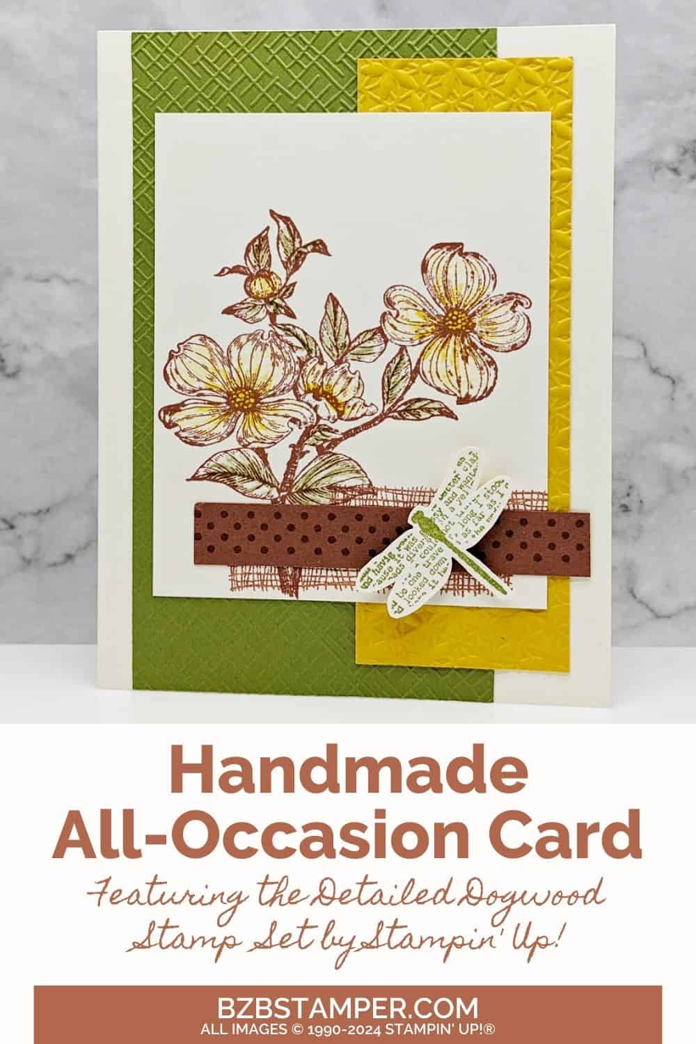 Detailed Dogwood Handmade Card 6 Detailed Dogwood Handmade Card using browns, greens, and yellows in ink and cardstock. There is a dragonfly die-cut on this card as well.