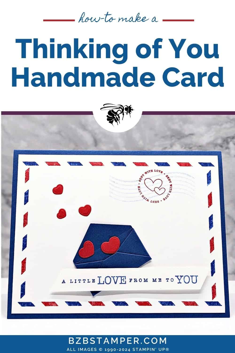 Thinking of You Card with the Sending Love Bundle 5 Thinking of You card with the Sending Love Bundle. Card is in Blues and Reds with a red border around the front mat. The sentiment is "a little love from me to you"