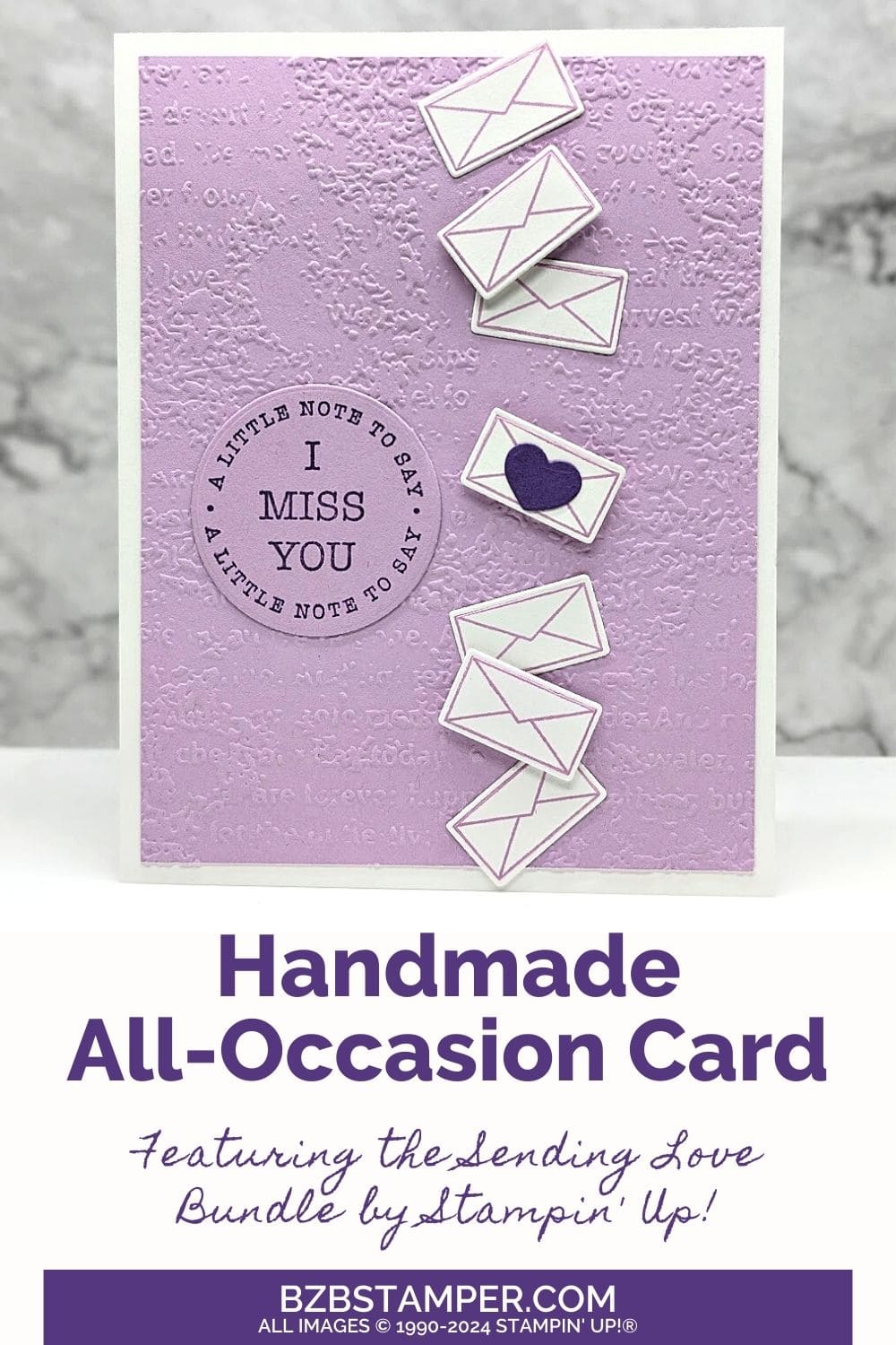 Mail Day with the Sending Love Bundle in purples with 7 cut-out envelopes and a "I miss you" sentiment.