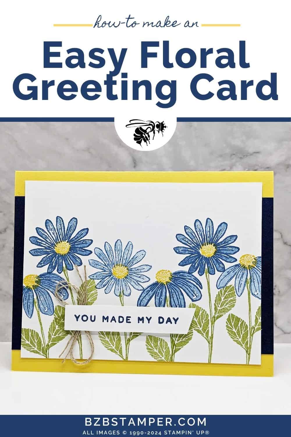 Cheerful Daisies Handmade Card 6 Cheerful Daisies Handmade Card featuring blue and yellow daisies with green stems. The sentiment is "you made my day." There is also a linen thread bow.