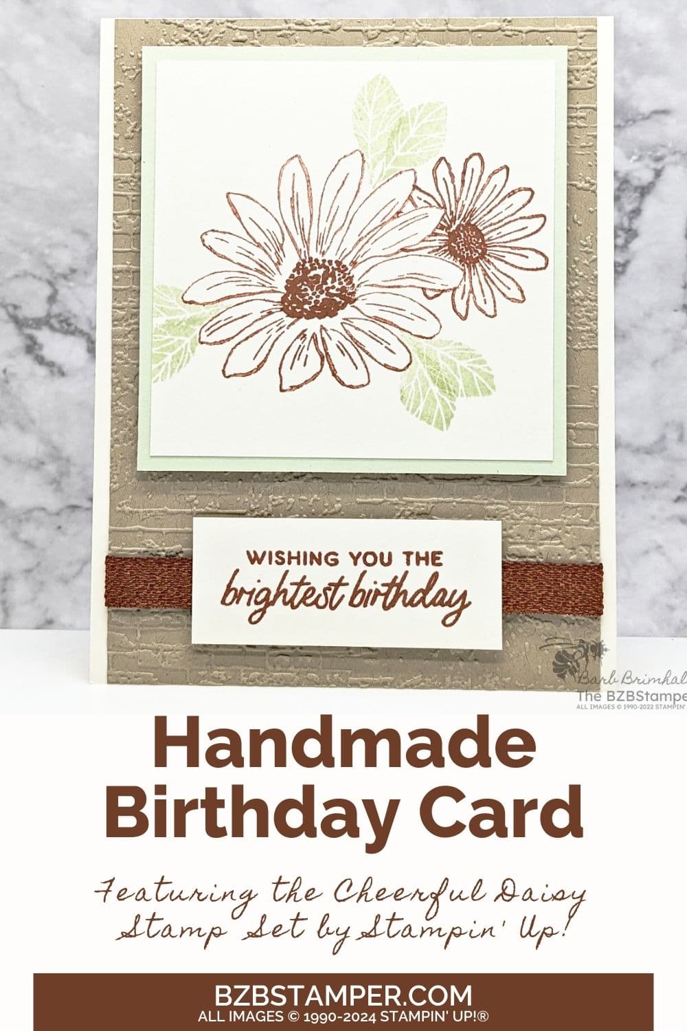 Cheerful Daisies Birthday Card 6 Cheerful Daisies Birthday Card in kraft and green, with an embossed background and ribbon.