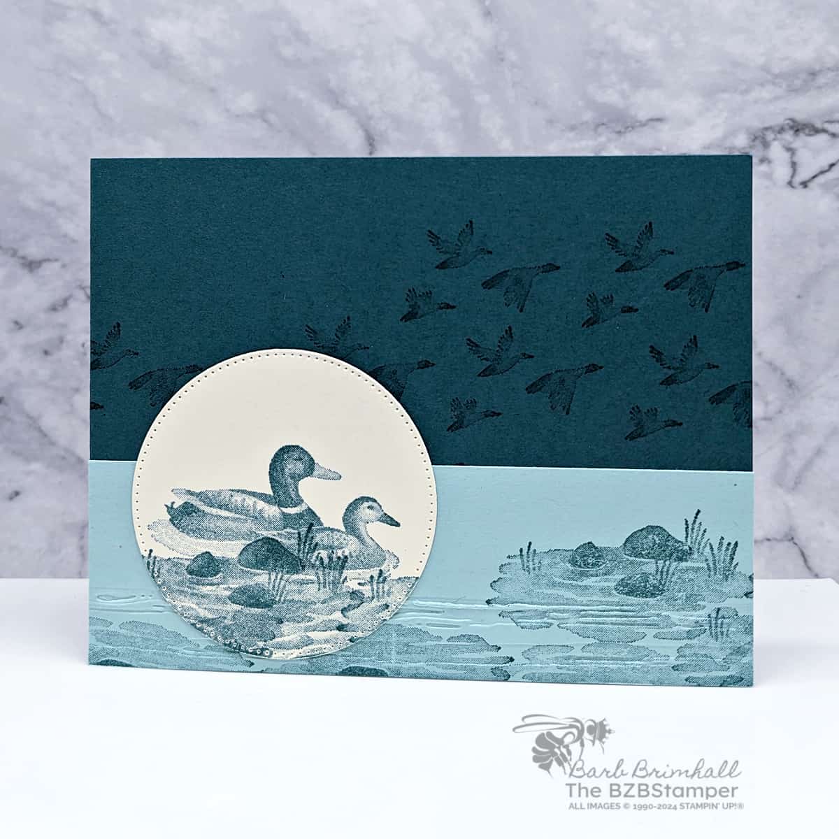 Feathered Flight Stamp Set 1 Monocromatic Feathered Flight Stamp Set in blues featuring ducks floating on the water.