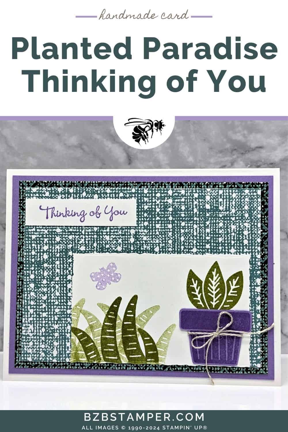 Planted Paradise Thinking of You Handmade Card 5 Planted Paradise Thinking of You Handmade Card in green and purple with pretty paper, a butterfly and a potted plant with foliage.