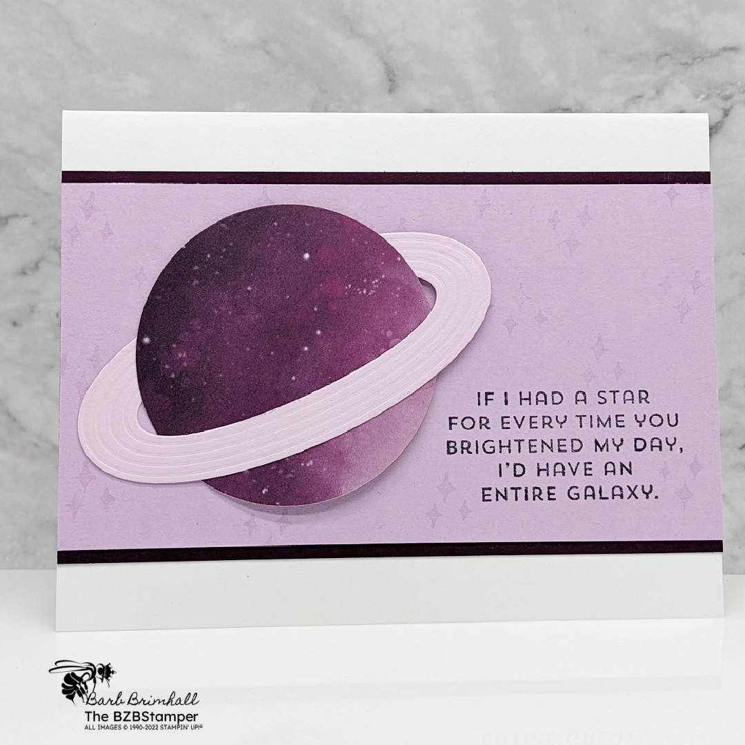 Cosmic Card Using The Reach for the Stars Bundle 1 Cosmic Card Using The Reach for the Stars Bundle in purples. Features a planet with the sentiment "If I had a star for every time your brightened my day..."