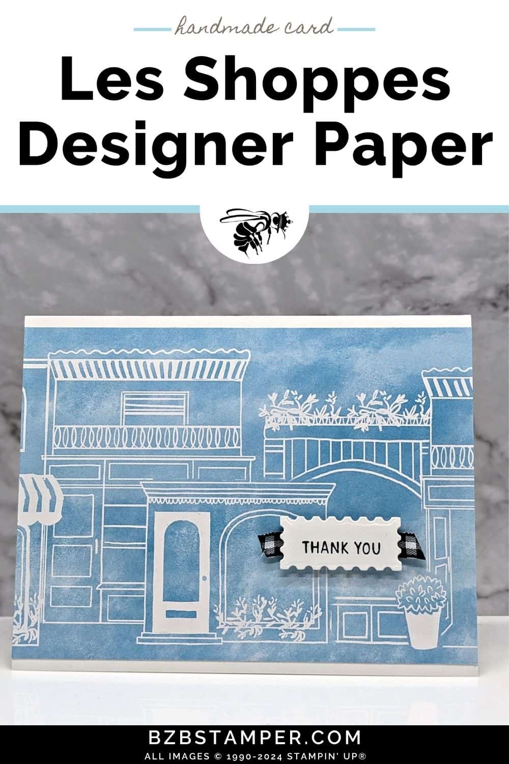 Thank You Card using the Les Shoppes Designer Paper 5 Thank You Card using the Les Shoppes Designer Paper in blue and white, with black gingham ribbon and a thank you sentiment.