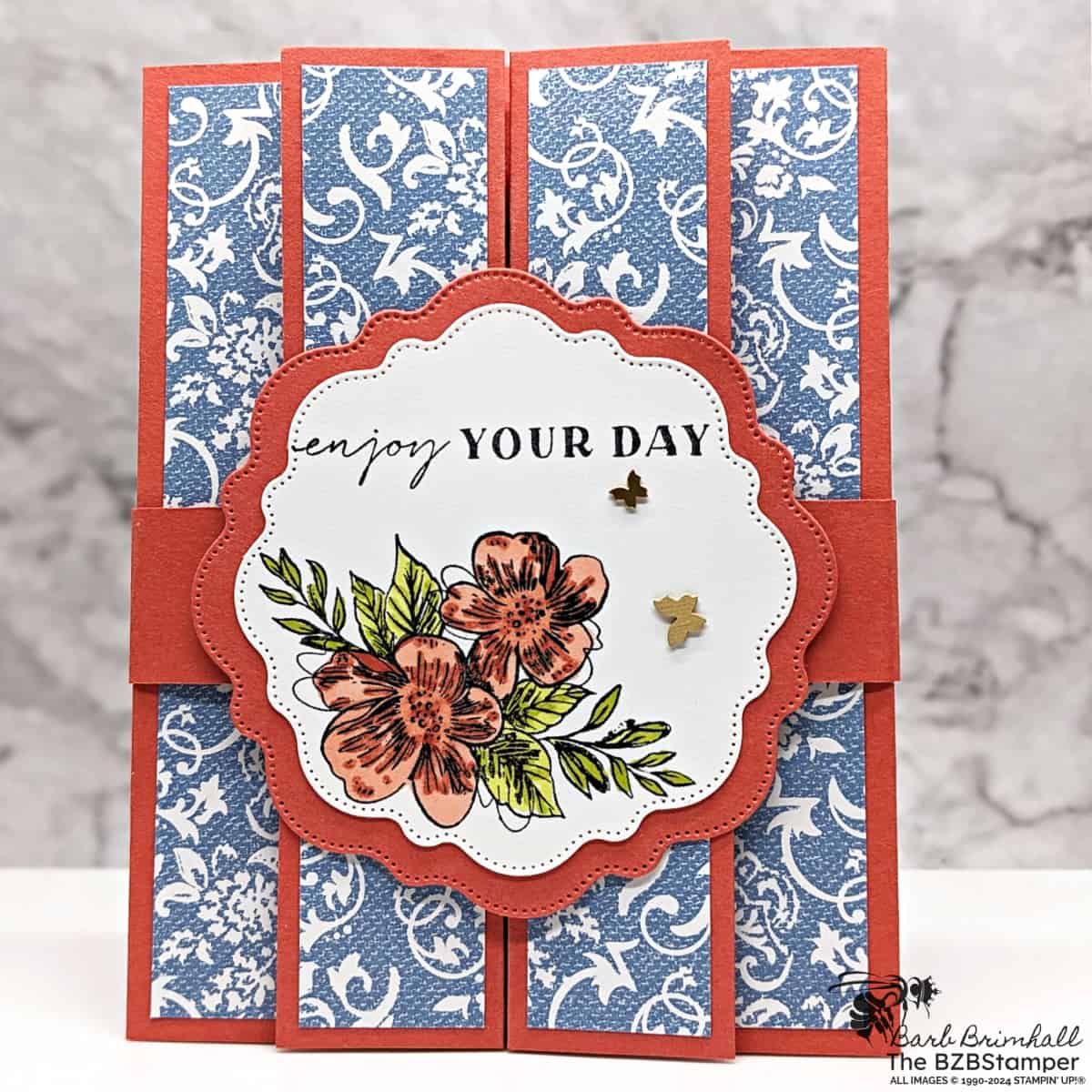 Fun Fold Thoughtful Expressions Card 1 Fun Fold Thoughtful Expressions Card featuring flowers in orange and green, with an "enjoy your day" sentiment and butterfly embellishments.